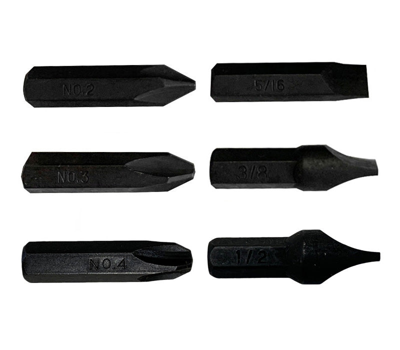 Set of six hex bits: No. 2, 3, and 4 Phillips bits and 5/16", 3/8", and 1/2" slotted bits