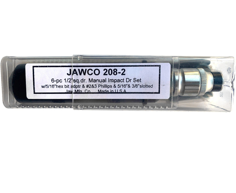 MADE IN USA Jawco #208-2 6-piece 1/2" square drive manual impact driver in clear plastic case with 5/16" hex bit adaptor and 4 bits, which are made in Taiwan