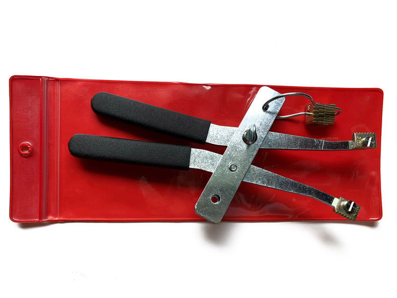 MADE IN USA 2-Handled Internal Rethreading Tool (9" long) packaged in red plastic pouch with 3 pairs of bits: 14 tpi, 11½ tpi, & 8 tpi