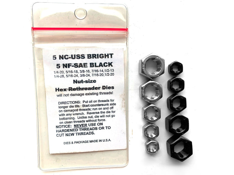 MADE IN USA Set of 10 rethreading dies for home repairs: 5 NC Coarse (1/4"-20 tpi, 5/16"-18, 3/8"-16, 7/16"-14, 1/2"-13 tpi) and 5 NF Fine Dies (1/4"-28 tpi, 5/16"-24, 3/8"-24, 7/16"-20, 1/2"-20 tpi) 