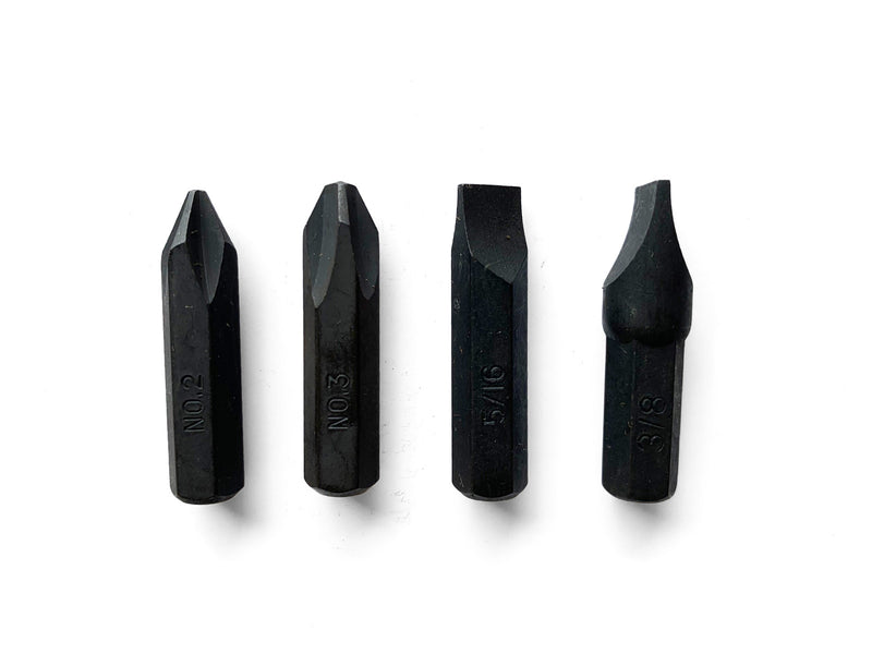 4-piece hex bit set: No. 2 and 3 Phillips bits and 5/16" and 3/8" slotted bits