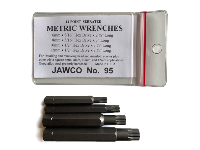 MADE IN USA Set of four 12-point metric wrenches: 6mm (5/16" hex drive, 2½" long), 8mm (5/16" hex drive, 3" long), 10mm (1/2" hex drive, 3¼" long), 12mm (1/2" hex drive, 3¾" long)