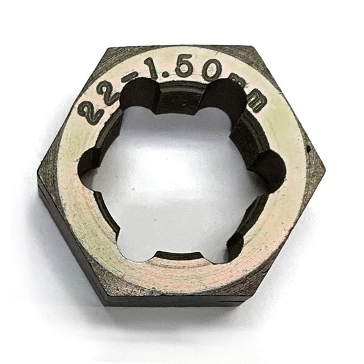 MADE IN USA Jawco 22mm diameter (1.50mm pitch) nut-sized hex rethreading die (1¼" (32mm) across the flats), gold zinc–plated